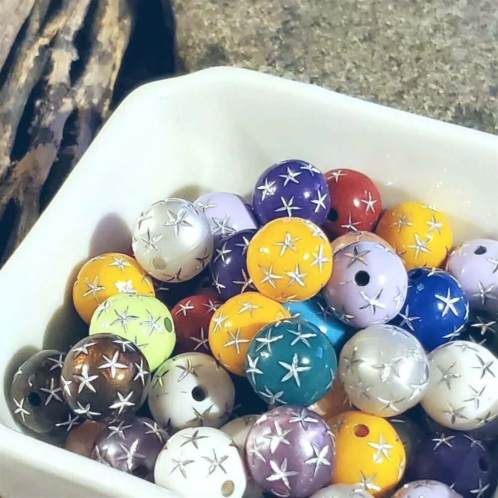 Mixed Colors Vintage Retro Silver Stars 12mm Round Acrylic Shabby Beads 10 pcs